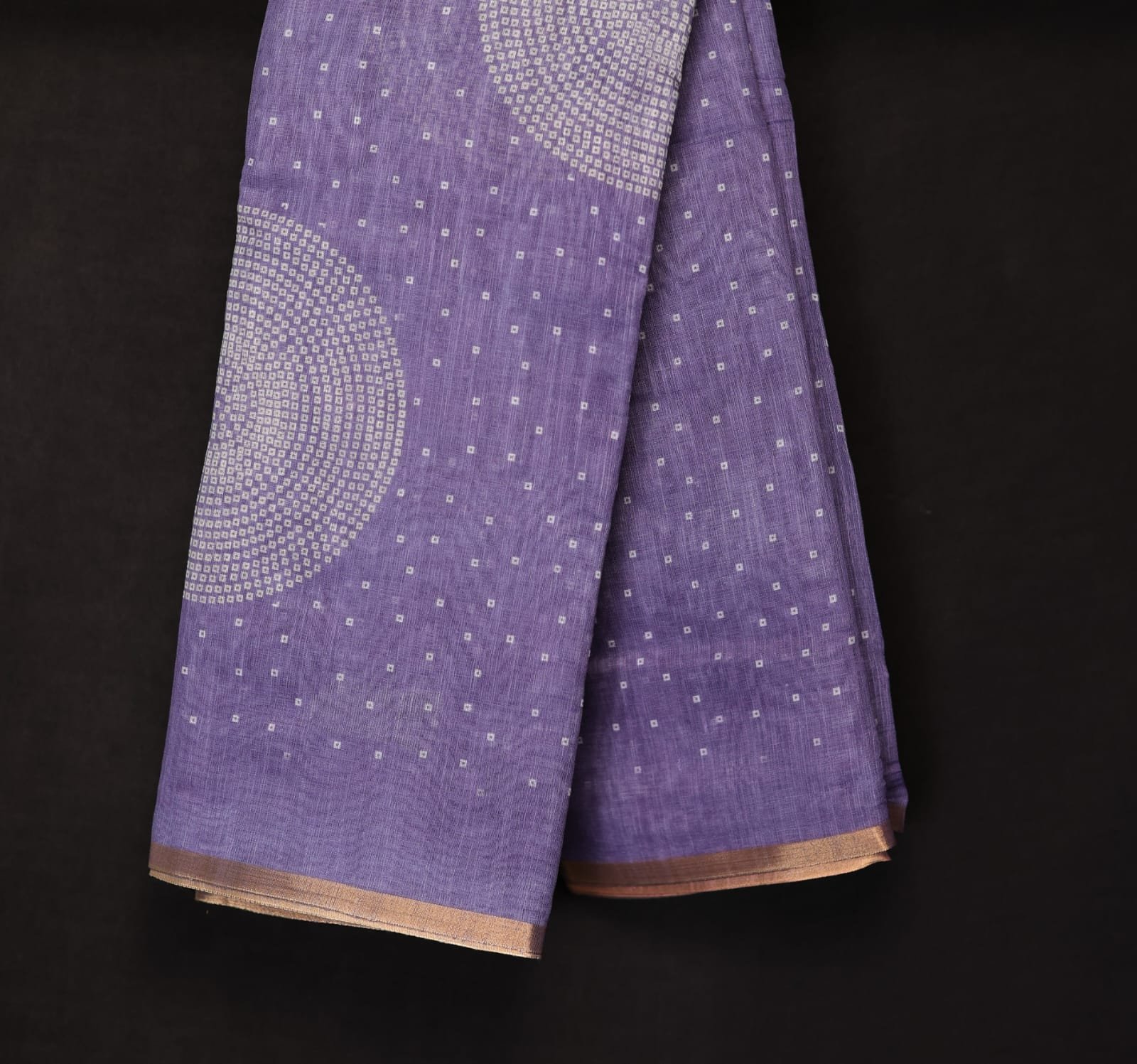15 Lavender Purple Saree with White Geometric Motifs & Golden Zari Border - Image 1