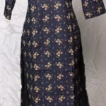 Navy Blue Floral Printed Kurti with Golden Floral Detailing & V-Neck