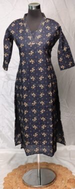 Navy Blue Floral Printed Kurti with Golden Floral Detailing & V-Neck