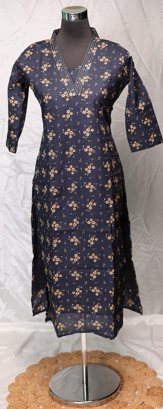 16 Navy Blue Floral Printed Kurti with Golden Floral Detailing & V-Neck - Image 1