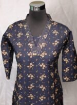 Navy Blue Floral Printed Kurti with Golden Floral Detailing & V-Neck - Image 2