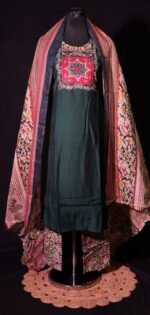 Dark Green Kurta Set with Printed Floral Dupatta & Embroidered Neck Design