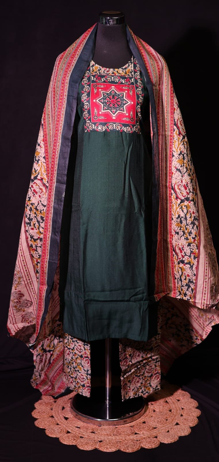 19 Dark Green Kurta Set with Printed Floral Dupatta & Embroidered Neck Design - Image 1