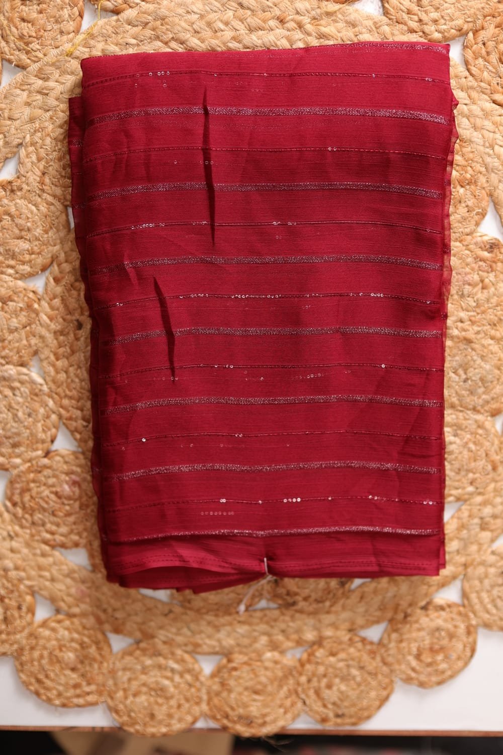 2 Wine Red Saree with Silver Woven Stripes & Subtle Sequin Detailing - Image 1