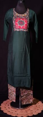 Dark Green Kurta Set with Printed Floral Dupatta & Embroidered Neck Design - Image 2