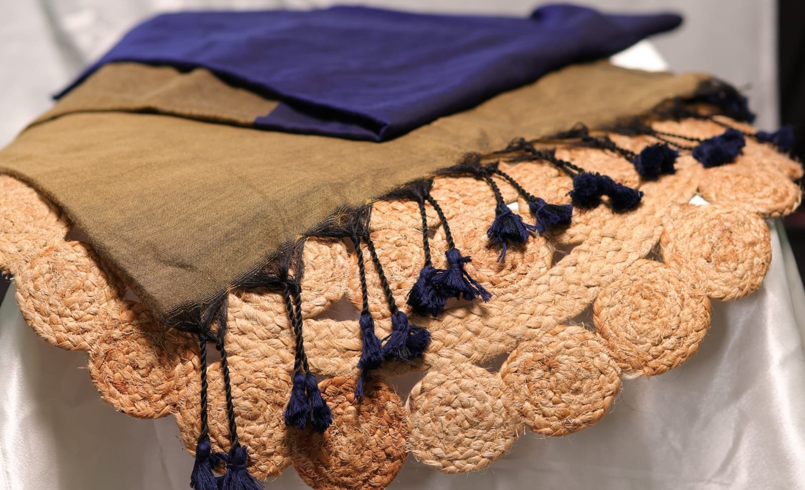 28 Royal Blue Saree with Golden Border and Tassel Pallu - Image 1