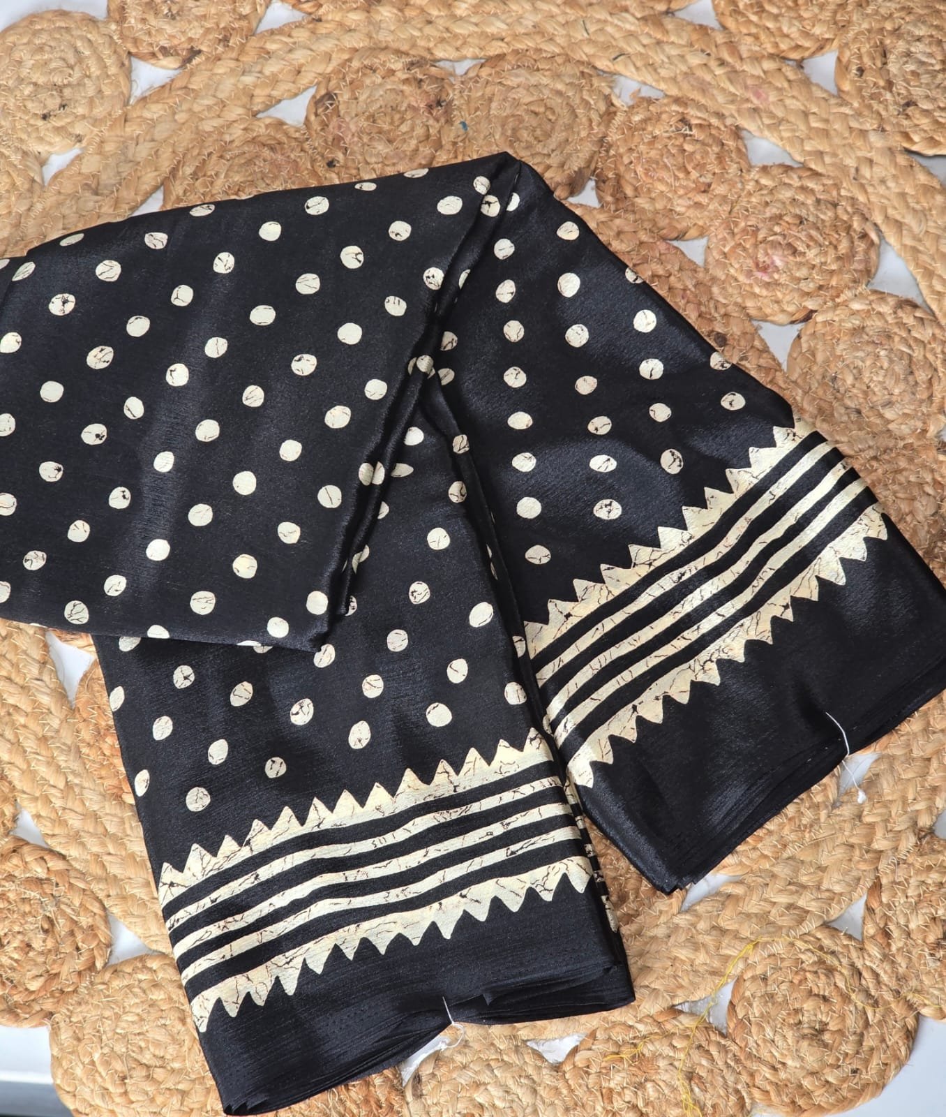 6 Black Saree with Cream Polka Dots & Bold Printed Border Design - Image 1