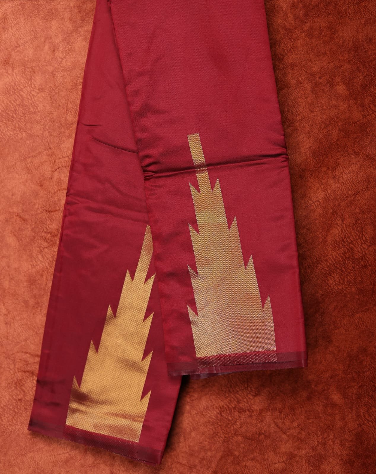 8 Wine Red Saree with Golden Zari Temple Border Design - Image 1
