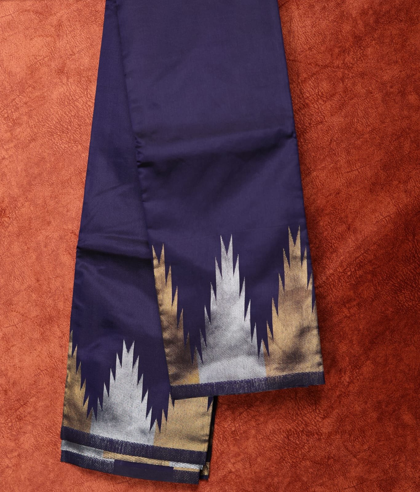 9 Navy Blue Saree with Gold & Silver Zari Temple Border Design - Image 1
