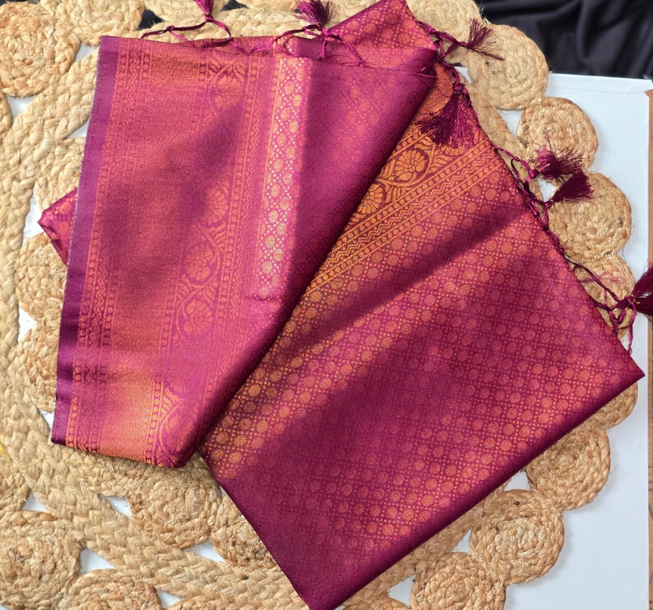 WhatsApp Image 2026-09-24 at 4.40.40 PM Wine Magenta Saree with Antique Gold Zari Woven Floral Design & Tassel Pallu - Image 1