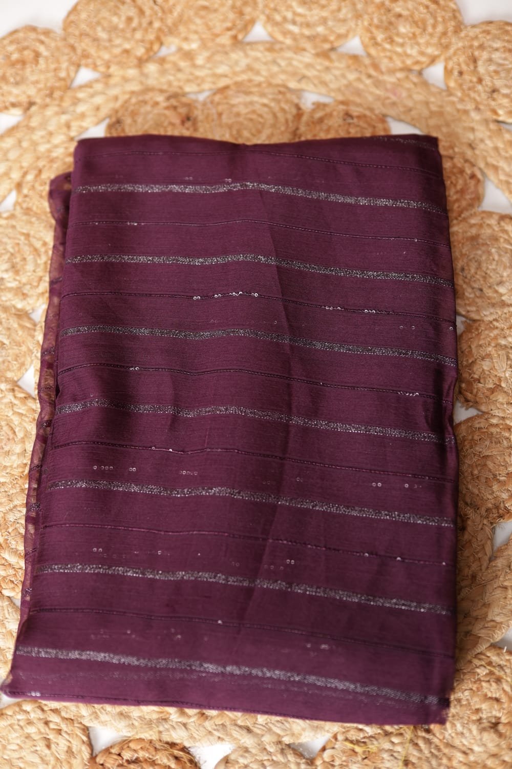 WhatsApp Image 2026-09-24 at 4.40.44 PM Wine Purple Saree with Subtle Silver Sequin Stripe Design - Image 1