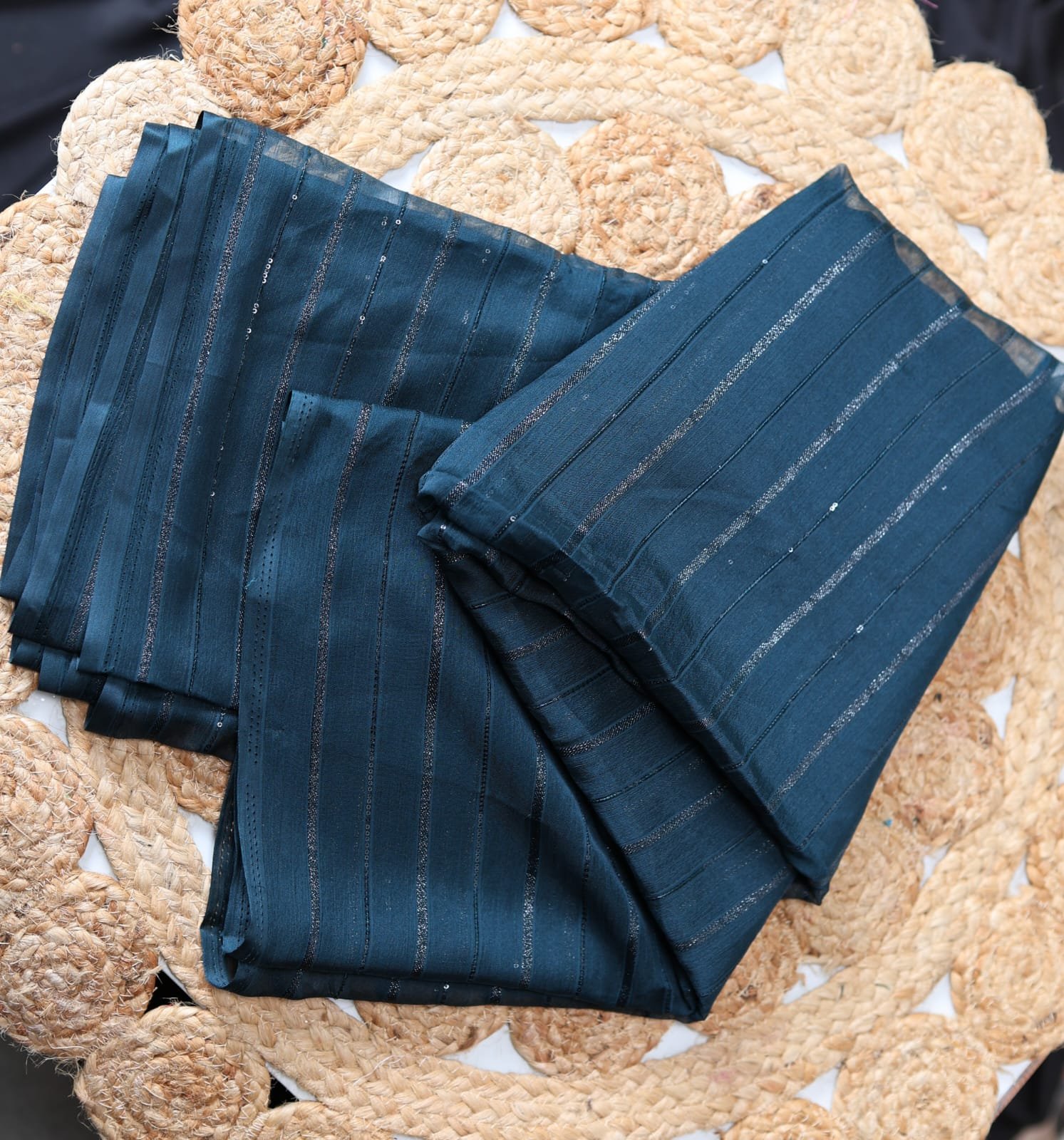 WhatsApp Image 2026-09-24 at 4.40.45 PM Navy Blue Saree with Silver Stripes & Subtle Sequin Detailing - Image 1