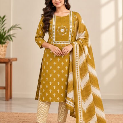 Woman wearing mustard yellow floral printed kurti with cream geometric pants and matching printed dupatta – Naayika Online