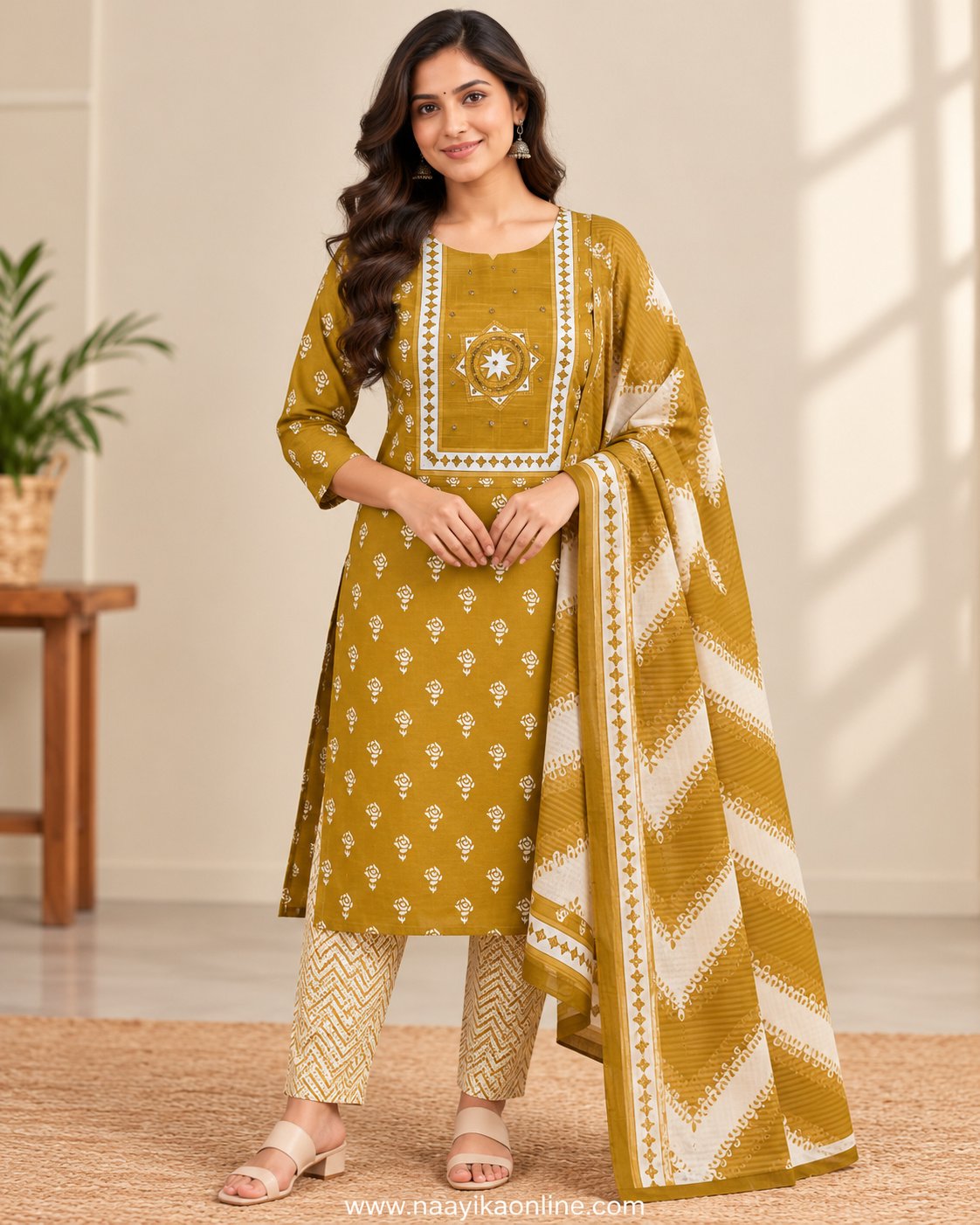 Woman wearing mustard yellow floral printed kurti with cream geometric pants and matching printed dupatta – Naayika Online