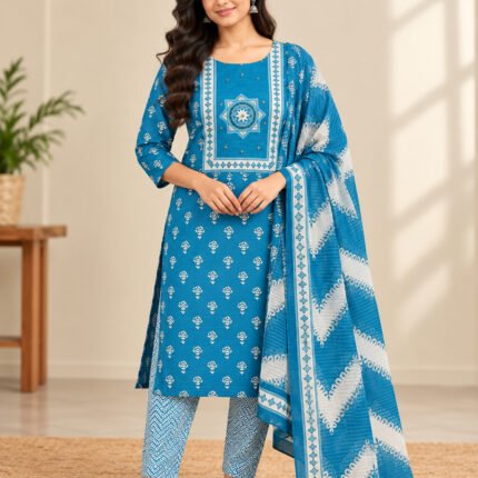 Woman wearing royal blue printed churidar set with white geometric pants and matching dupatta – Naayika Online