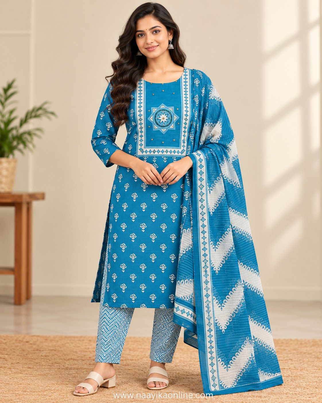Woman wearing royal blue printed churidar set with white geometric pants and matching dupatta – Naayika Online