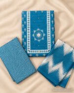 Royal blue and white 3-piece unstitched churidar dress material with printed top, bottom and dupatta – Naayika Online