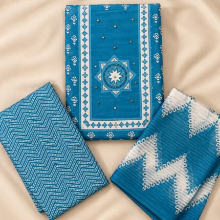Royal blue and white 3-piece unstitched churidar dress material with printed top, bottom and dupatta – Naayika Online