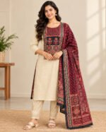 Woman wearing cream straight-cut kurta with black and red printed yoke, cream pants and contrasting Ajrak-style dupatta.