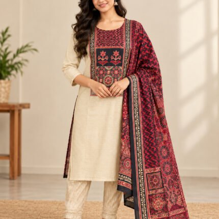 Woman wearing cream straight-cut kurta with black and red printed yoke, cream pants and contrasting Ajrak-style dupatta.
