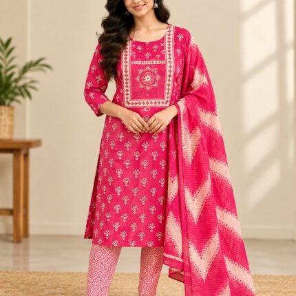 Woman wearing Rani Pink floral printed churidar with geometric pants and matching printed dupatta – Naayika Online