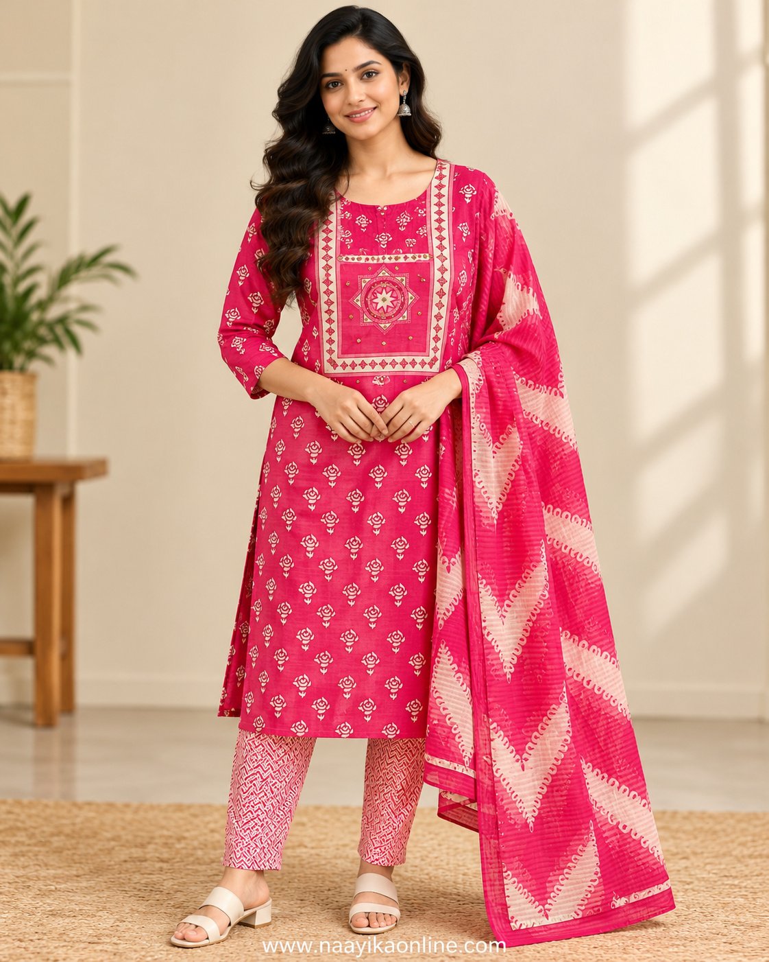 Woman wearing Rani Pink floral printed churidar with geometric pants and matching printed dupatta – Naayika Online