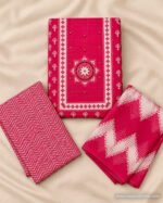 Rani Pink and white 3-piece unstitched churidar dress material with floral top, zigzag bottom and printed dupatta – Naayika Online