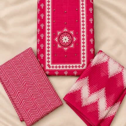 Rani Pink and white 3-piece unstitched churidar dress material with floral top, zigzag bottom and printed dupatta – Naayika Online