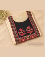 Cream kurta set with black floral yoke, matching cream bottom and black traditional printed dupatta.