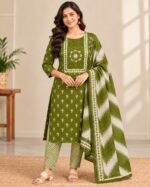Olive Green Printed Kurti, Pant & Dupatta Set