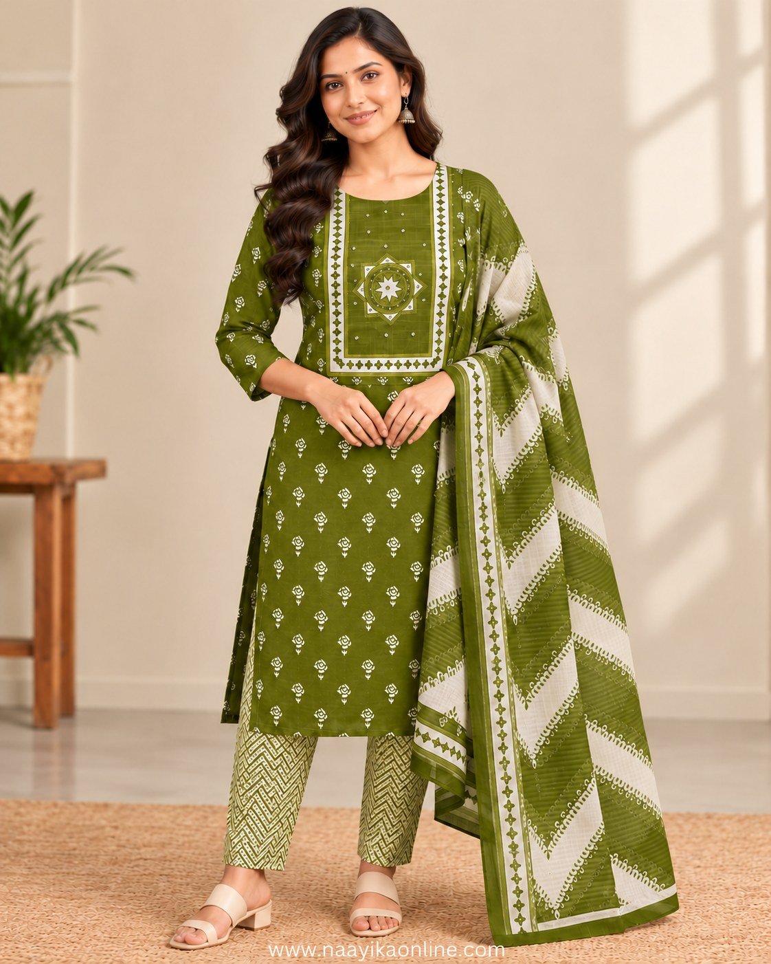 Olive Green Printed Kurti, Pant & Dupatta Set