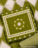Olive green printed straight-cut kurti with matching chevron pants and ivory diamond-patterned dupatta – Naayika Online.