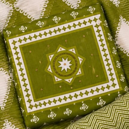 Olive green printed straight-cut kurti with matching chevron pants and ivory diamond-patterned dupatta – Naayika Online.